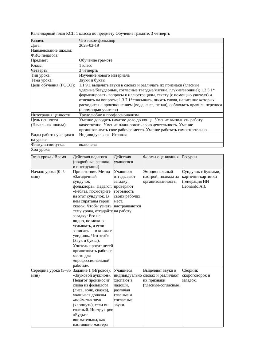 КСП Обучение грамоте 1класс 3 четверть Звуки и буквы 20260219 docx