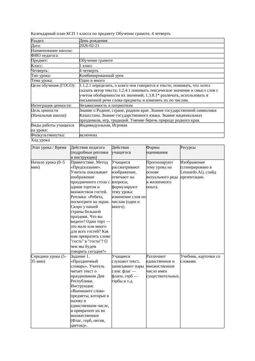КСП Обучение грамоте 1класс 4 четверть Один и много 20260221 docx