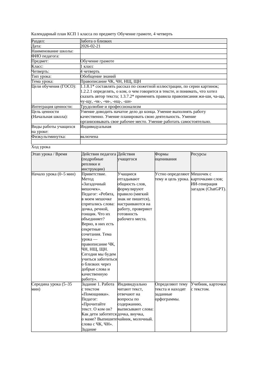 КСП Обучение грамоте 1класс 4 четверть Правописание ЧК ЧН НЩ ЩН
