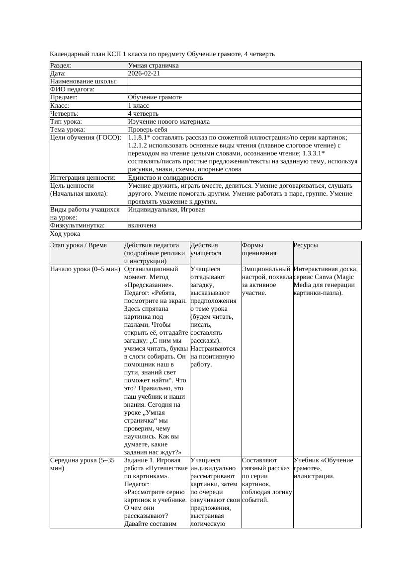 КСП Обучение грамоте 1класс 4 четверть Проверь себя 20260221 docx