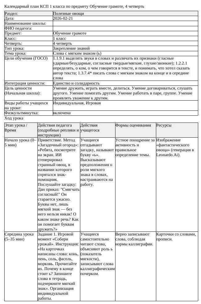 КСП Обучение грамоте 1класс 4 четверть Слова с мягким знаком ь 20260221
