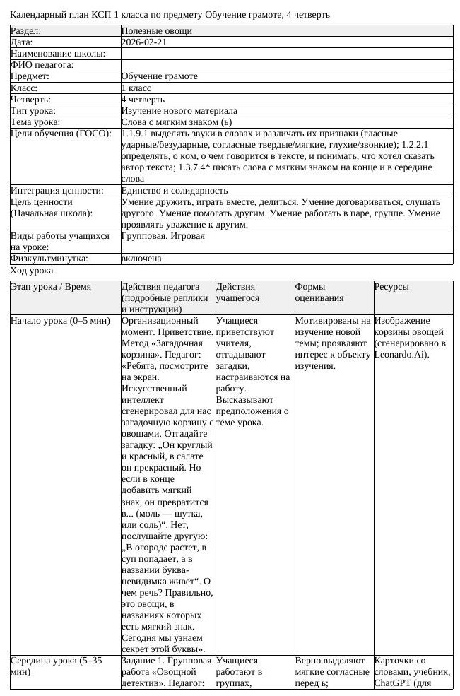 КСП Обучение грамоте 1класс 4 четверть Слова с мягким знаком ь 20260221