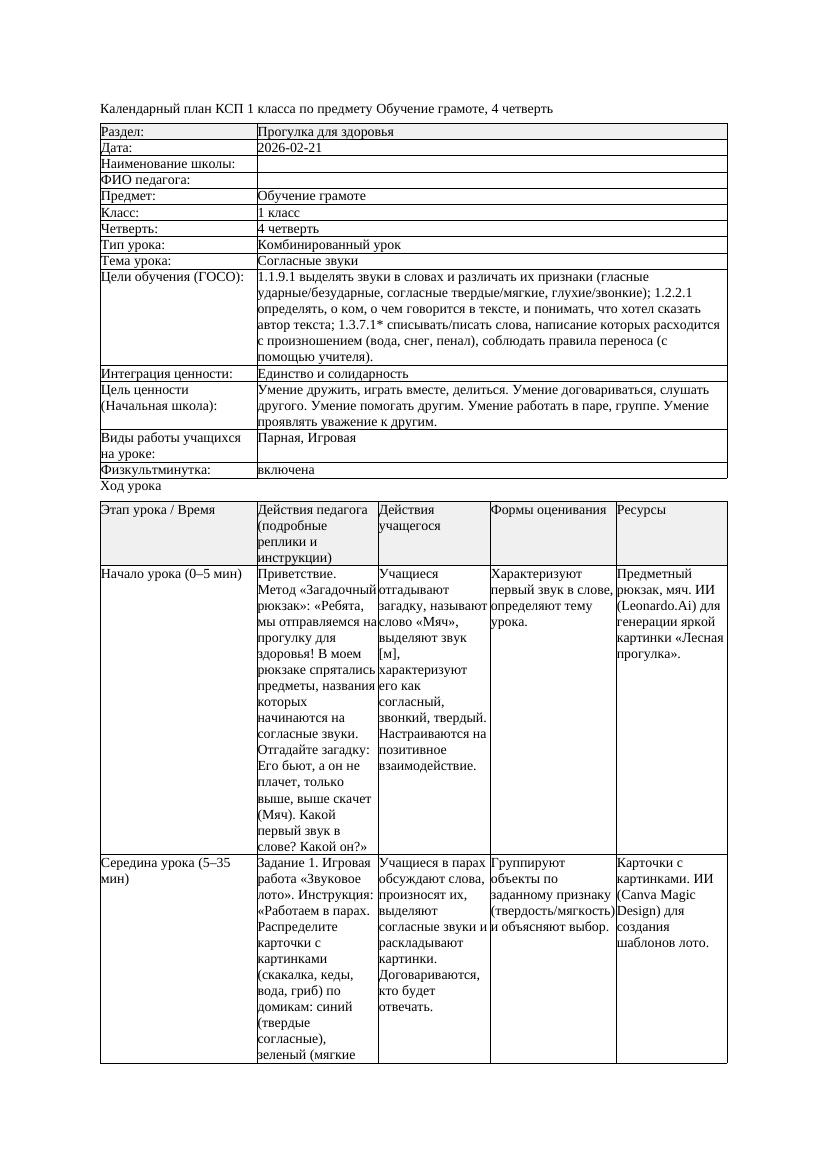 КСП Обучение грамоте 1класс 4 четверть Согласные звуки 20260221
