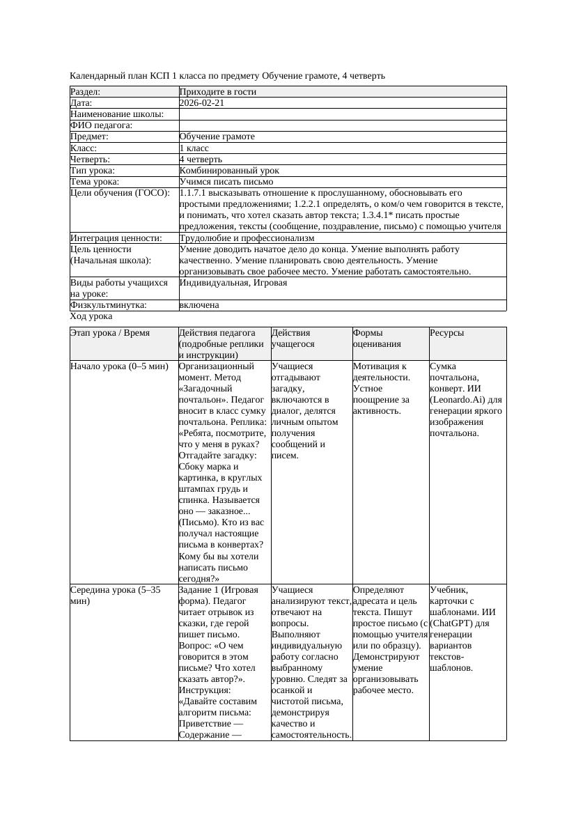 КСП Обучение грамоте 1класс 4 четверть Учимся писать письмо 20260221