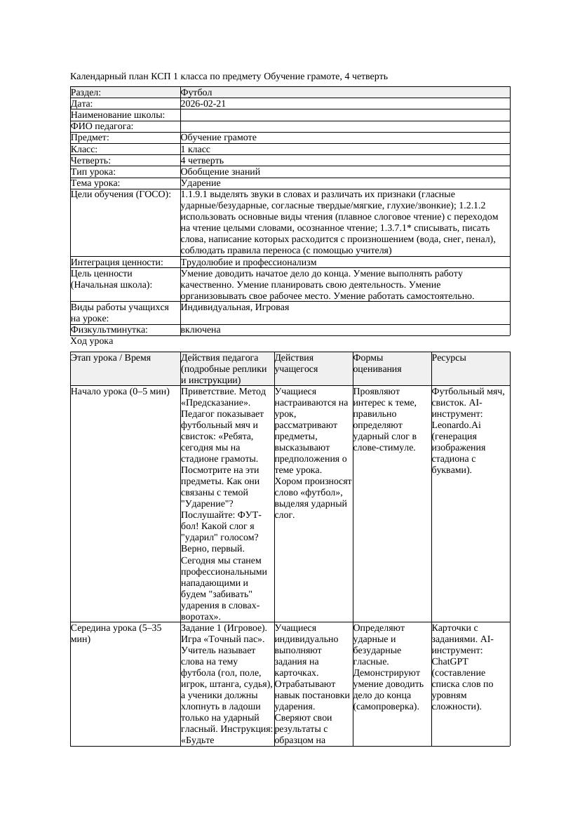 КСП Обучение грамоте 1класс 4 четверть Ударение 20260221 docx 1