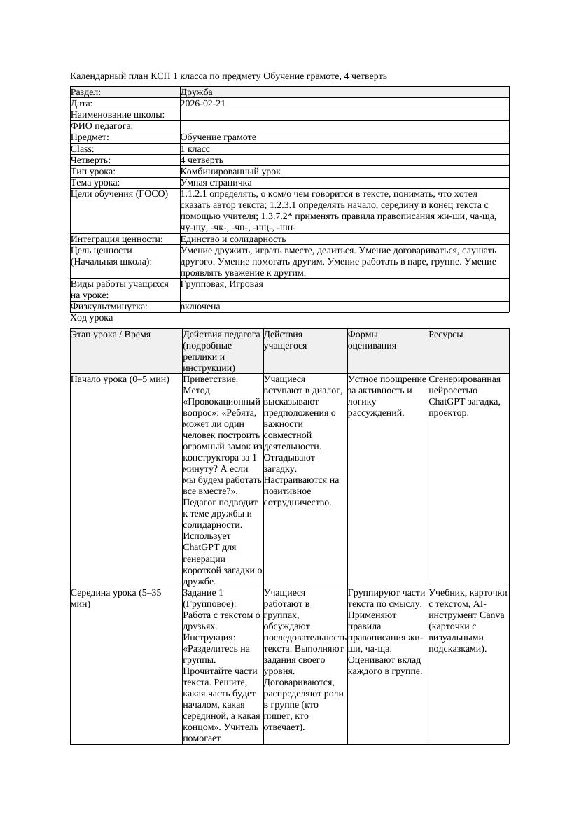 КСП Обучение грамоте 1класс 4 четверть Умная страничка 20260221
