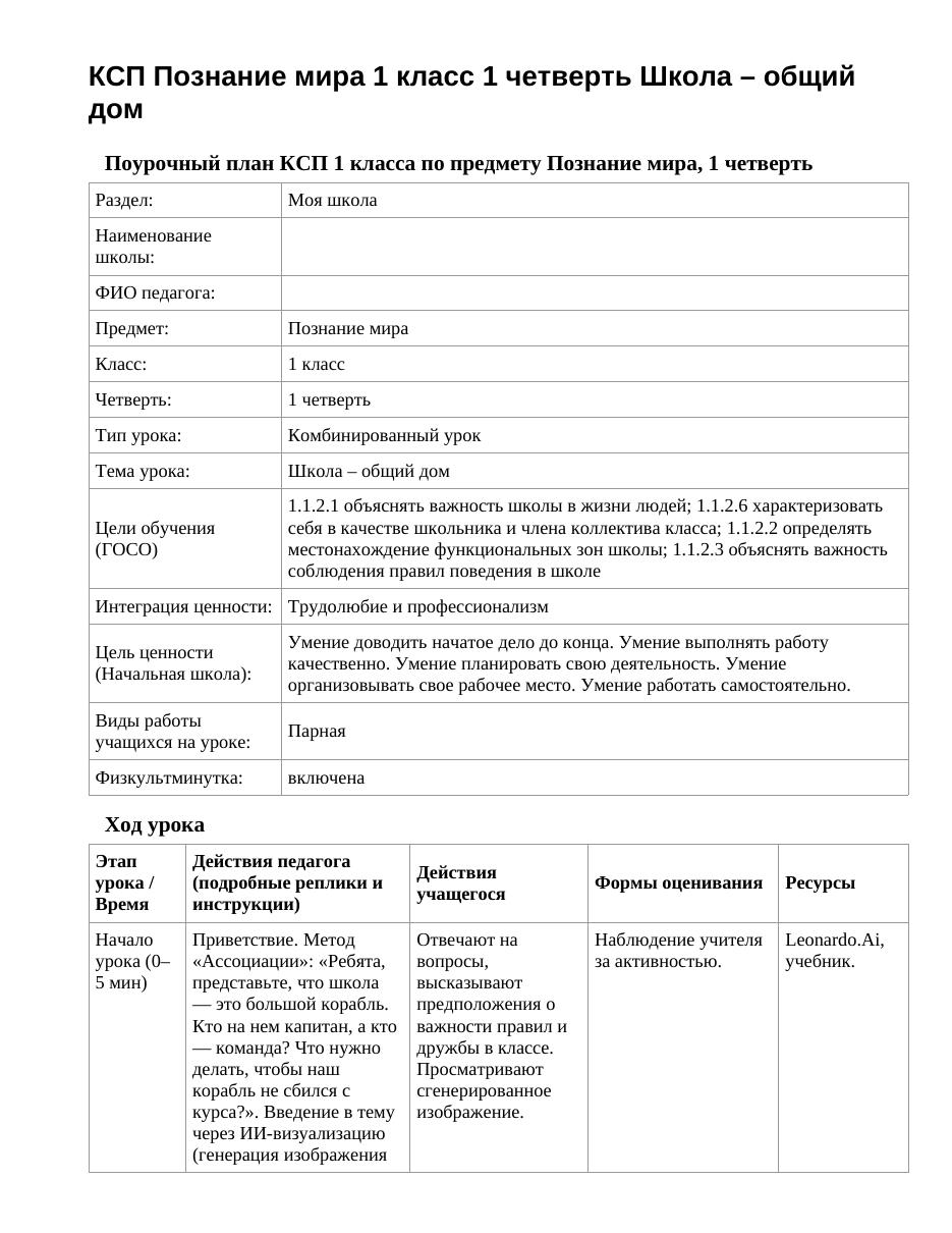 КСП Познание мира 1 класс 1 четверть Школа – общий дом