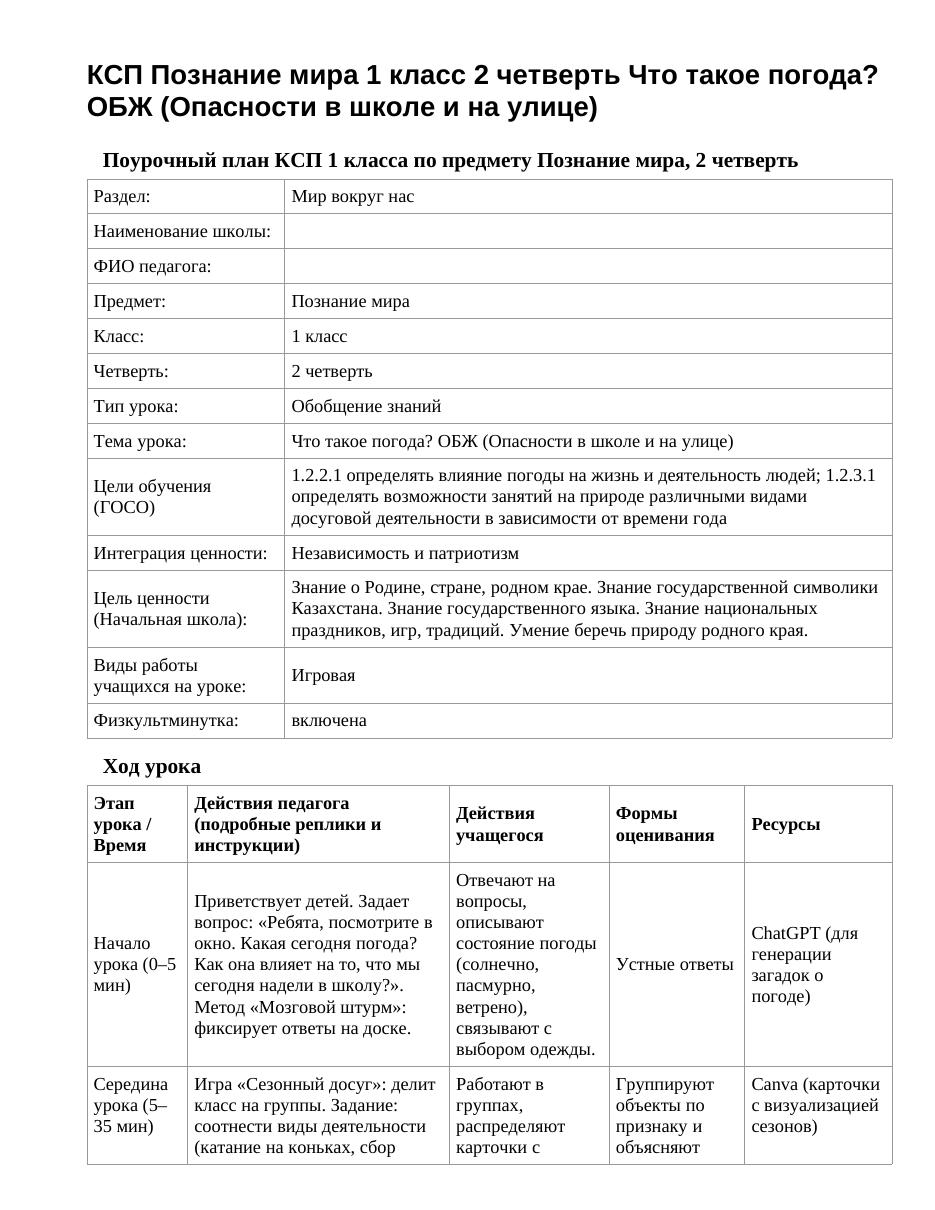 КСП Познание мира 1 класс 2 четверть Что такое погода? ОБЖ (Опасности в школе и на улице)