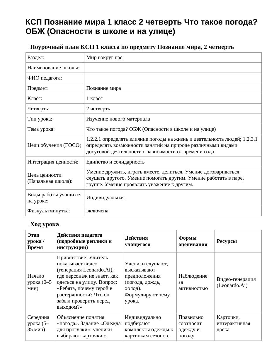 КСП Познание мира 1 класс 2 четверть Что такое погода? ОБЖ (Опасности в школе и на улице)