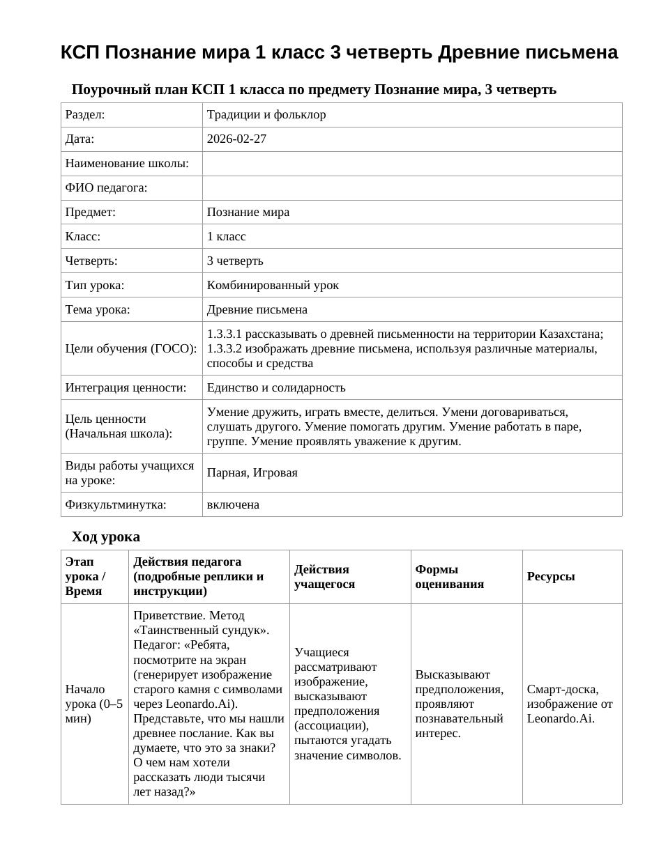 КСП Познание мира 1 класс 3 четверть Древние письмена