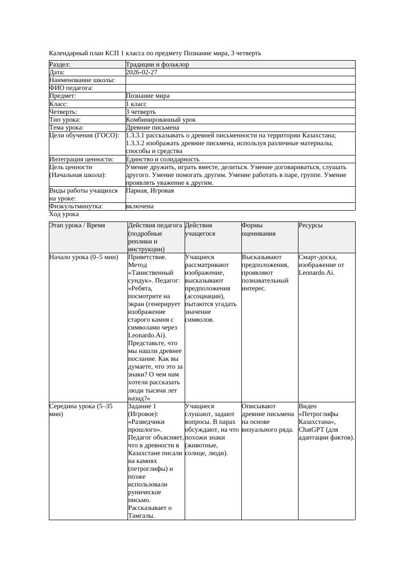 КСП Познание мира 1класс 3 четверть Древние письмена 20260227 docx
