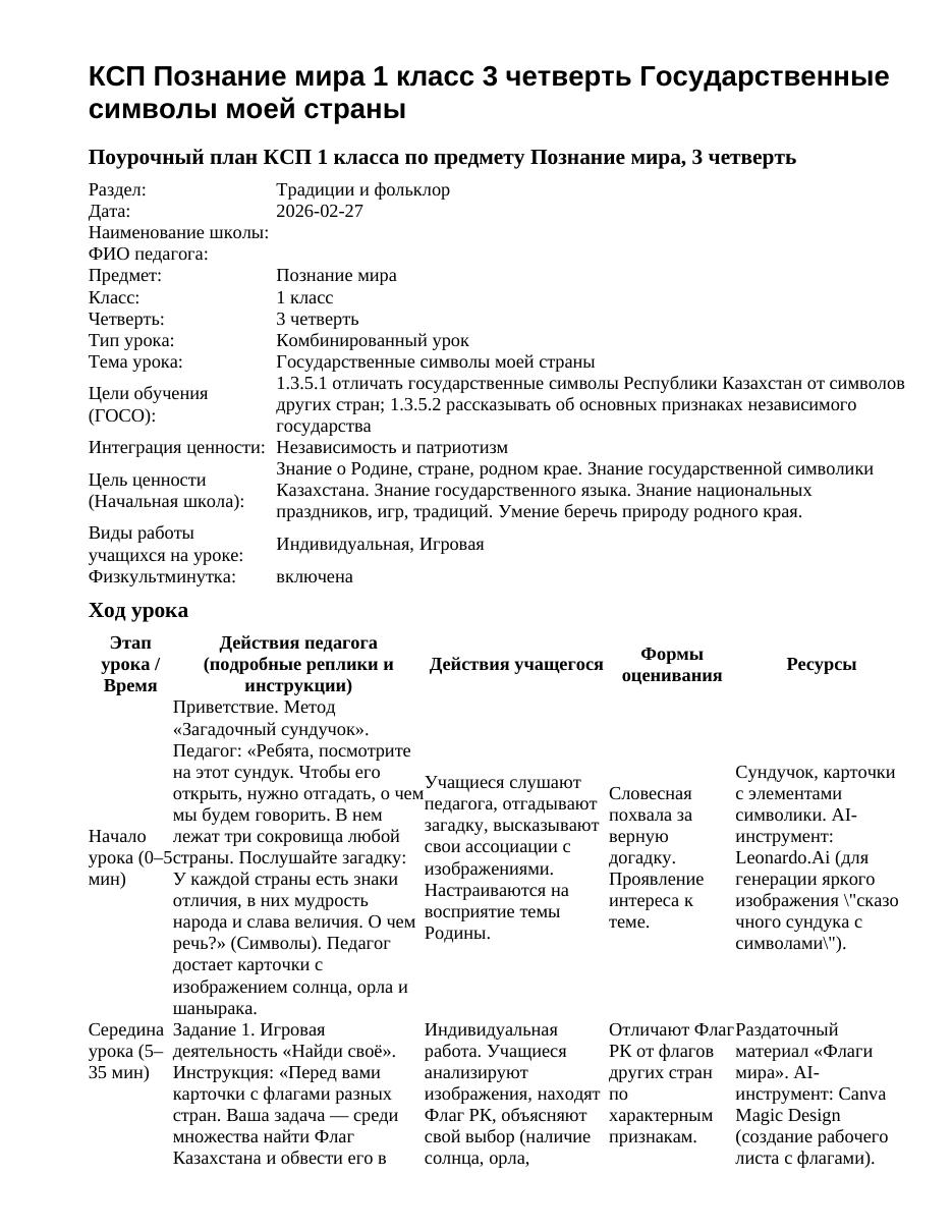 КСП Познание мира 1 класс 3 четверть Государственные символы моей страны