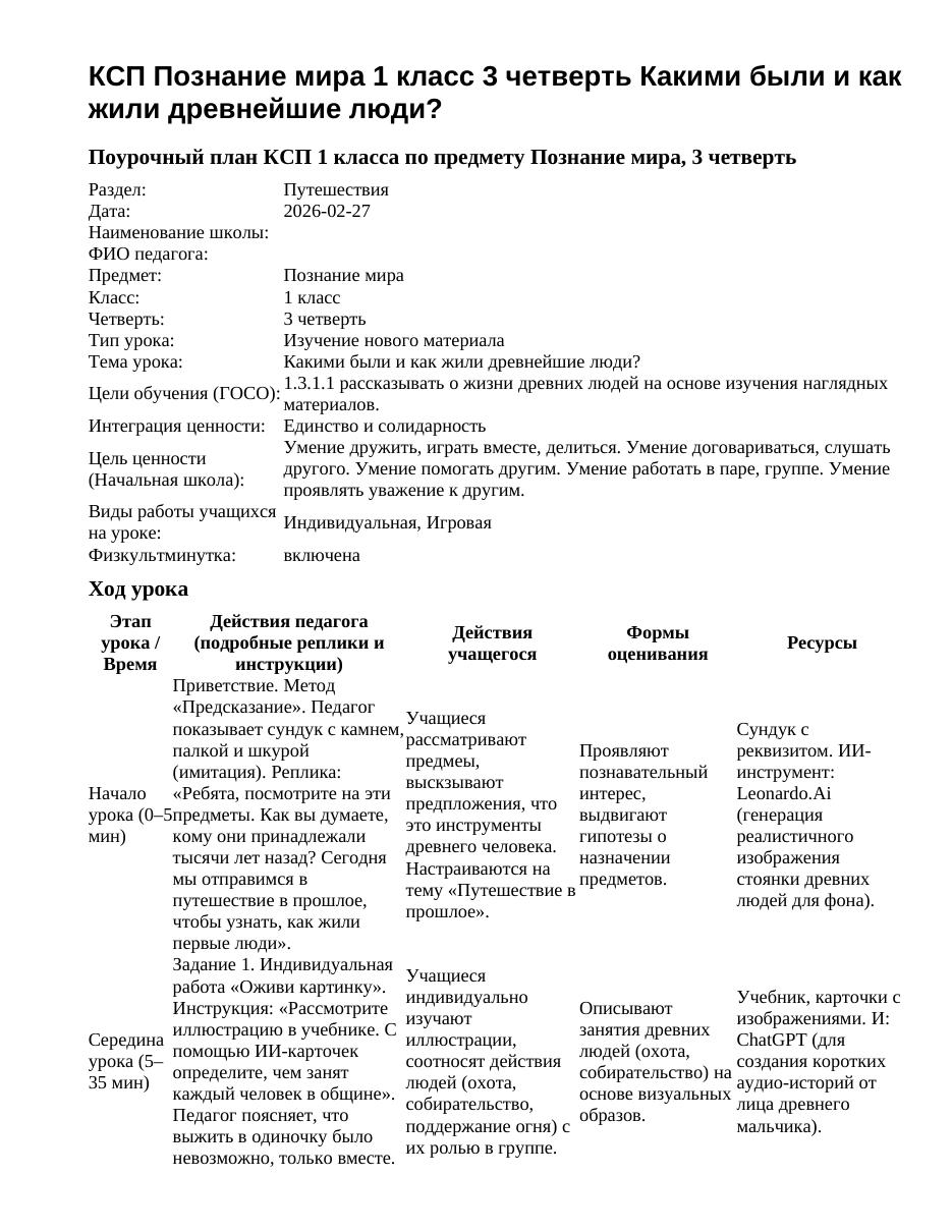 КСП Познание мира 1 класс 3 четверть Какими были и как жили древнейшие люди?