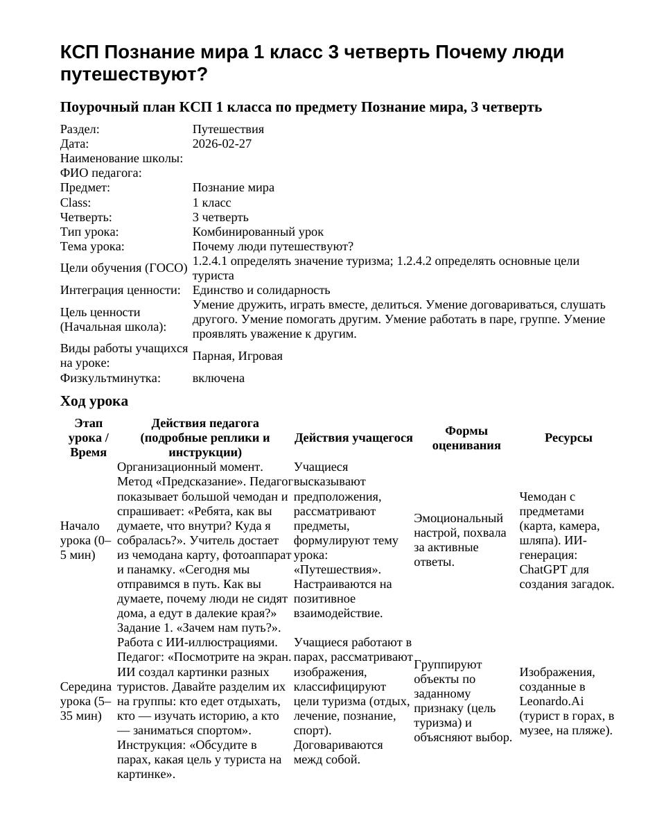 КСП Познание мира 1 класс 3 четверть Почему люди путешествуют?