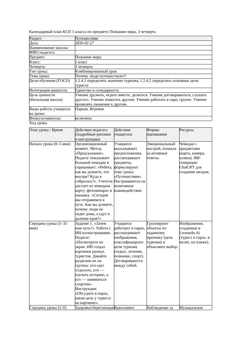 КСП Познание мира 1класс 3 четверть Почему люди путешествуют 20260227