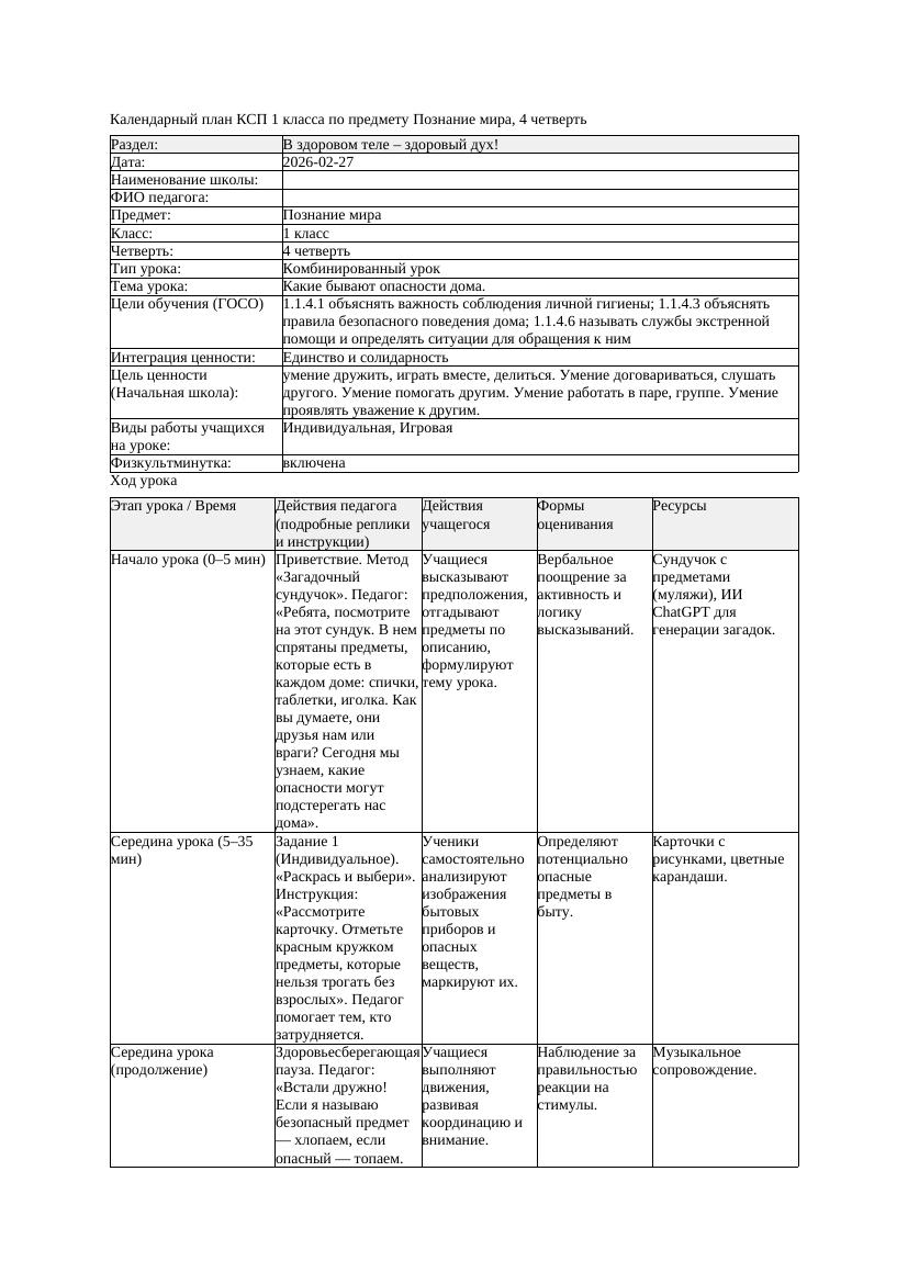 КСП Познание мира 1класс 4 четверть Какие бывают опасности дома