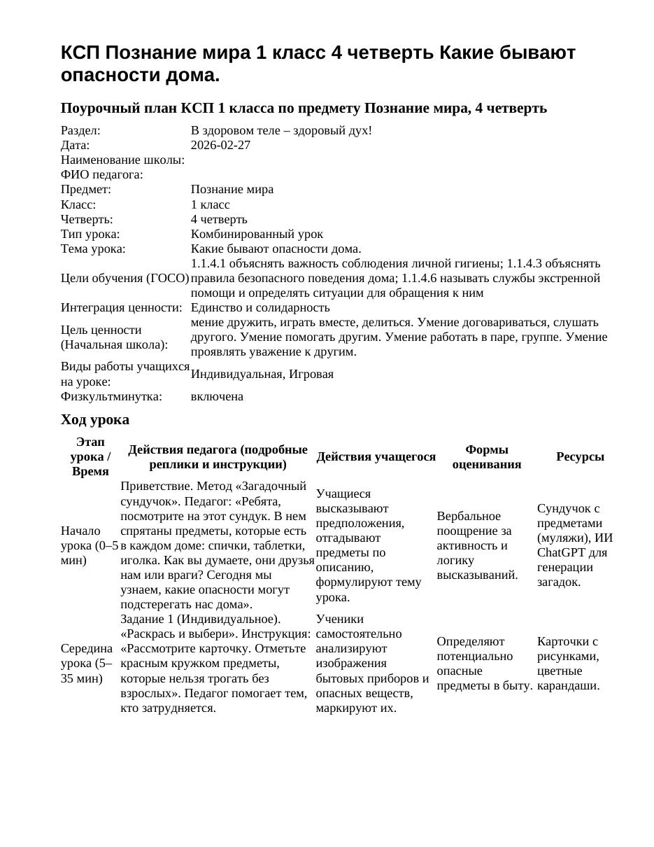 КСП Познание мира 1 класс 4 четверть Какие бывают опасности дома.
