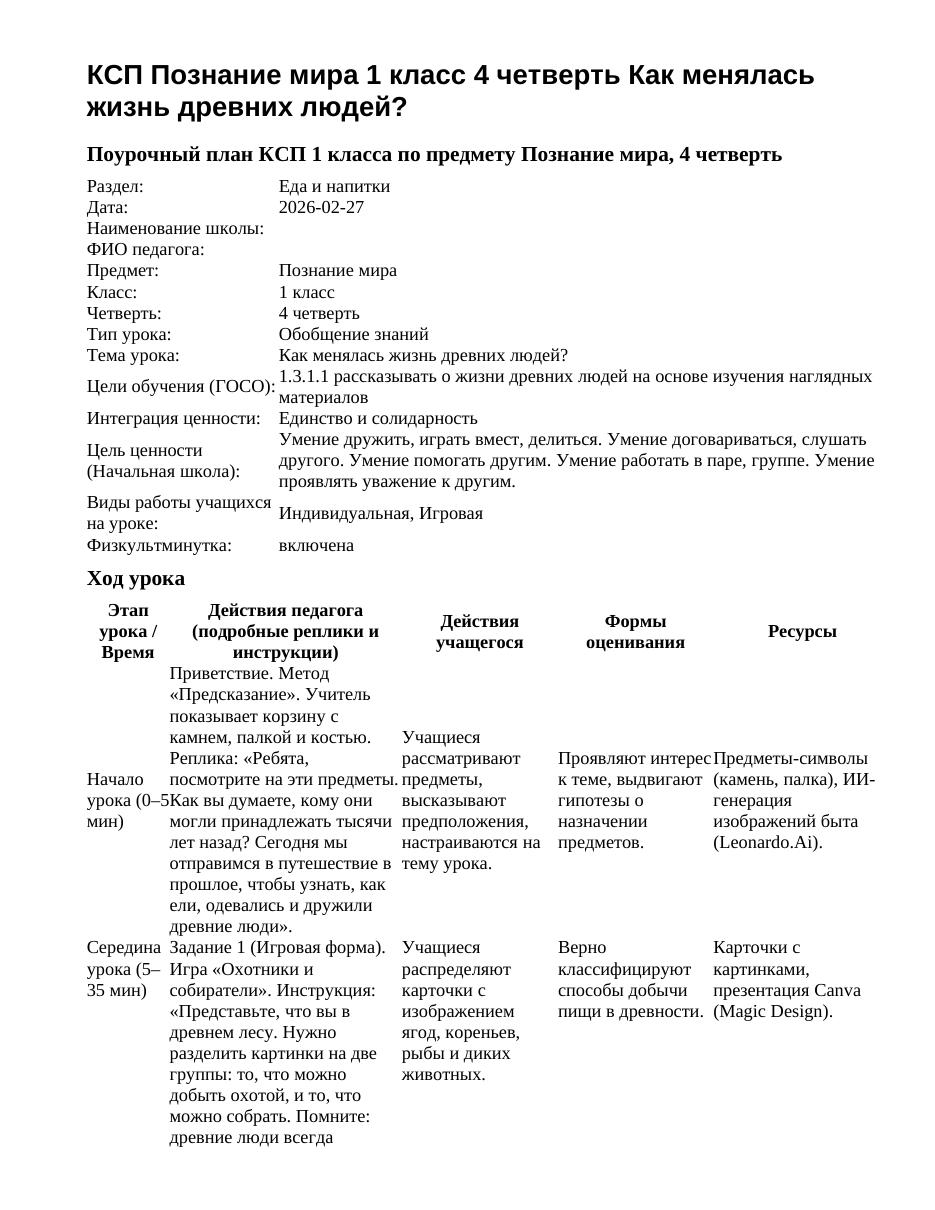 КСП Познание мира 1 класс 4 четверть Как менялась жизнь древних людей?