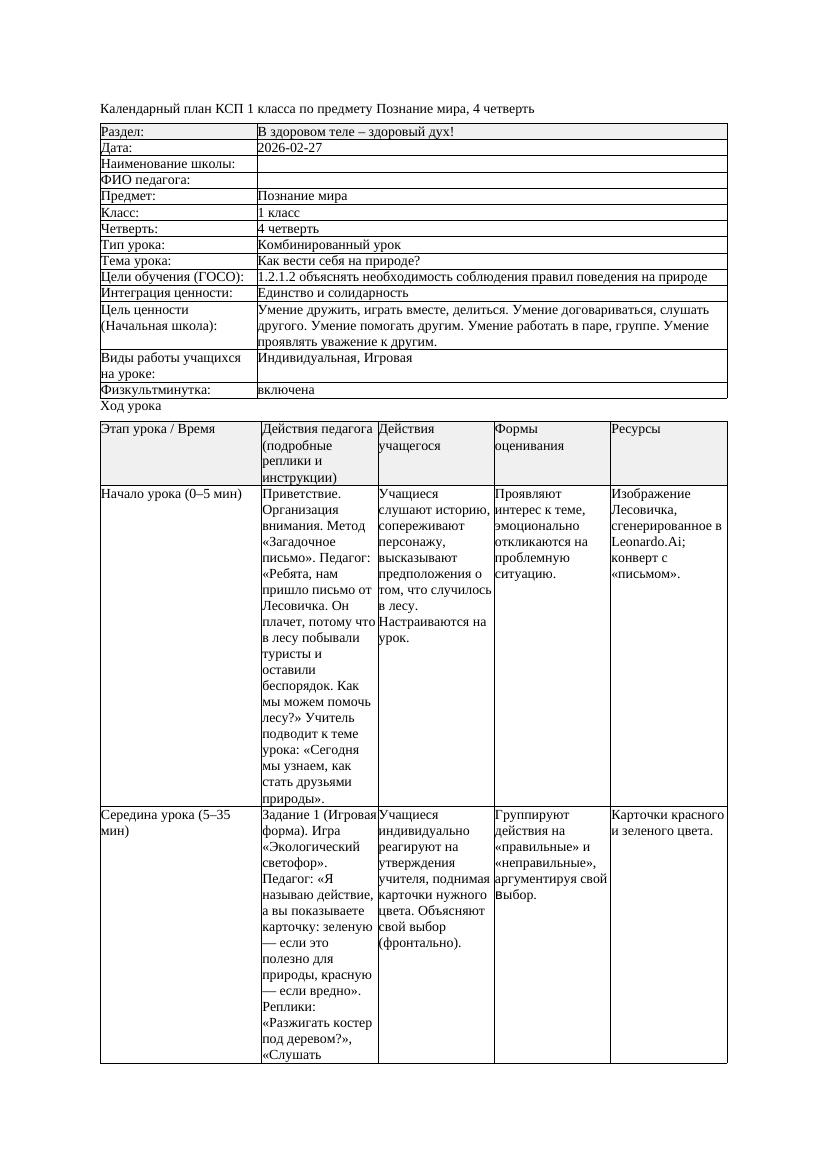 КСП Познание мира 1класс 4 четверть Как вести себя на природе 20260227
