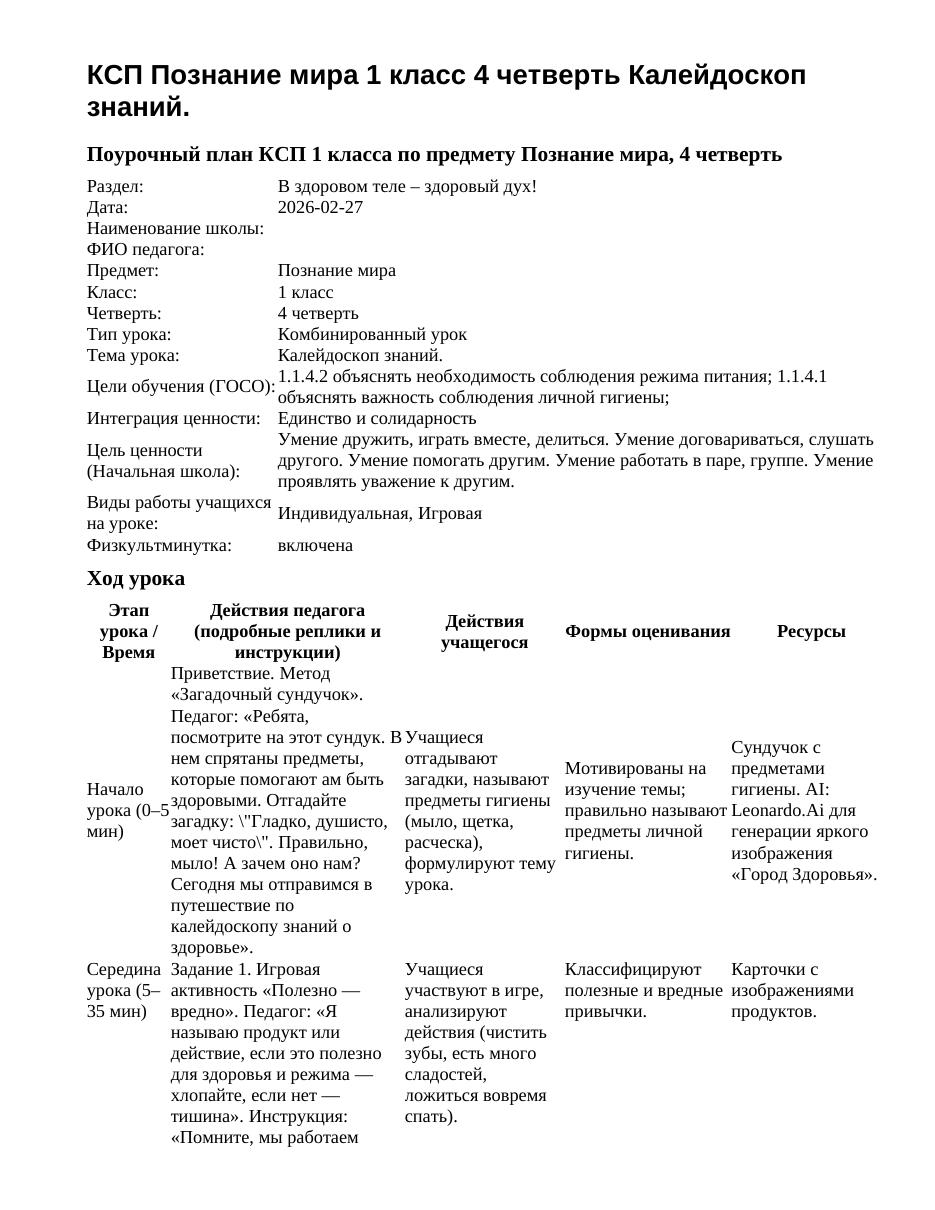КСП Познание мира 1 класс 4 четверть Калейдоскоп знаний.