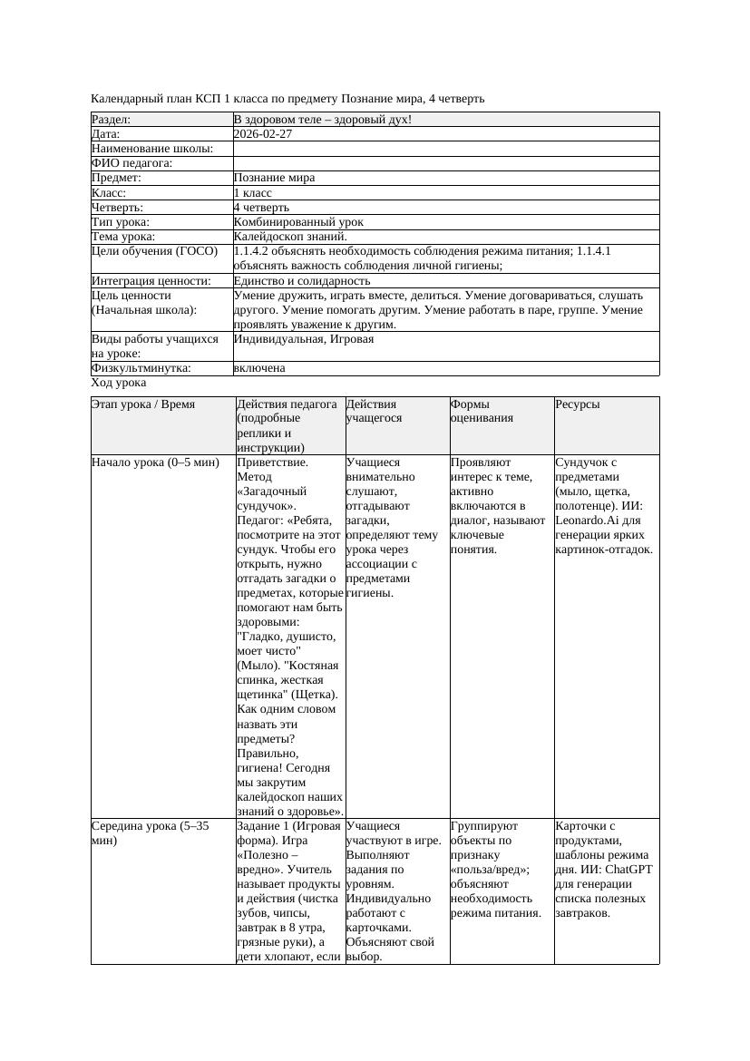 КСП Познание мира 1класс 4 четверть Калейдоскоп знаний 20260227