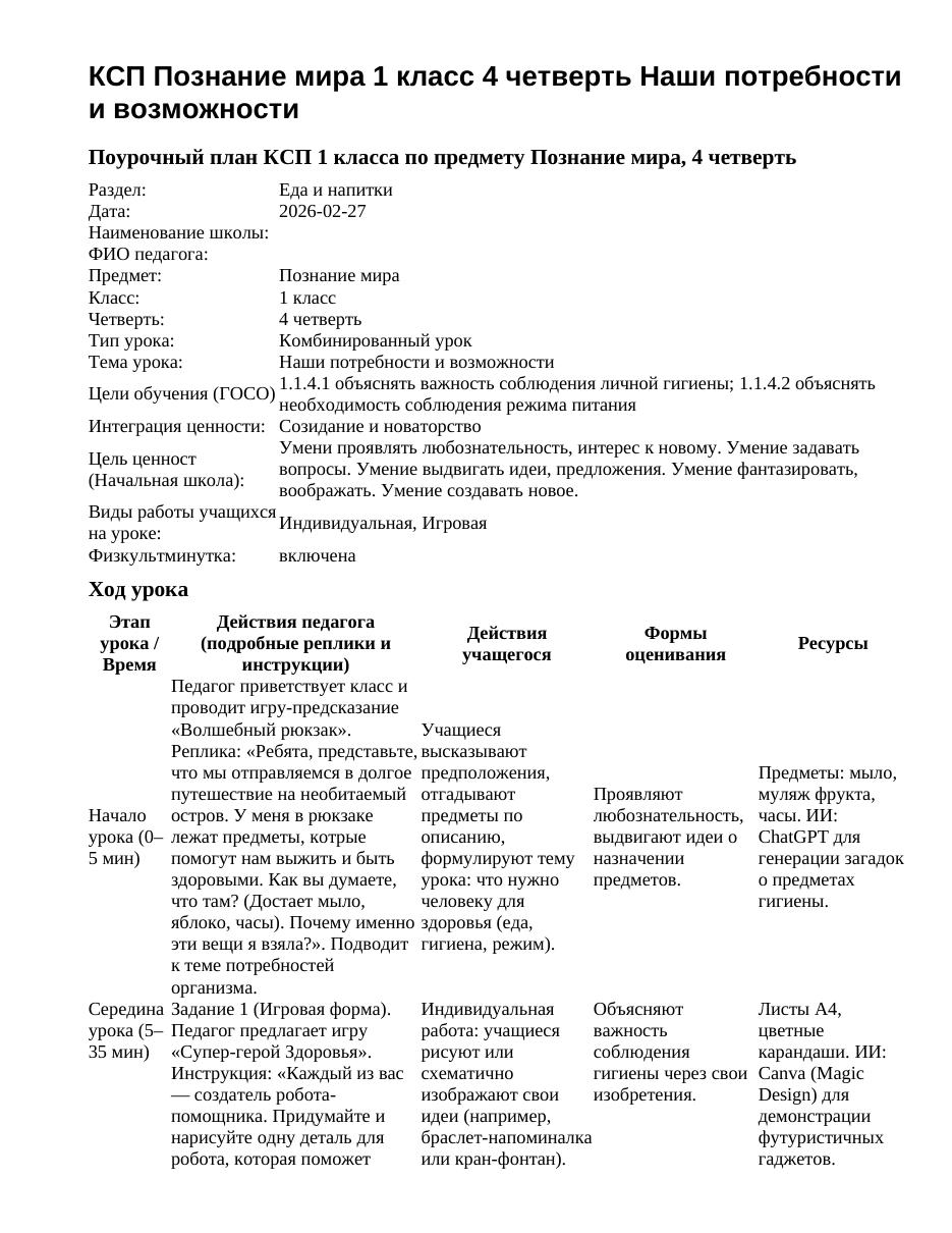 КСП Познание мира 1 класс 4 четверть Наши потребности и возможности