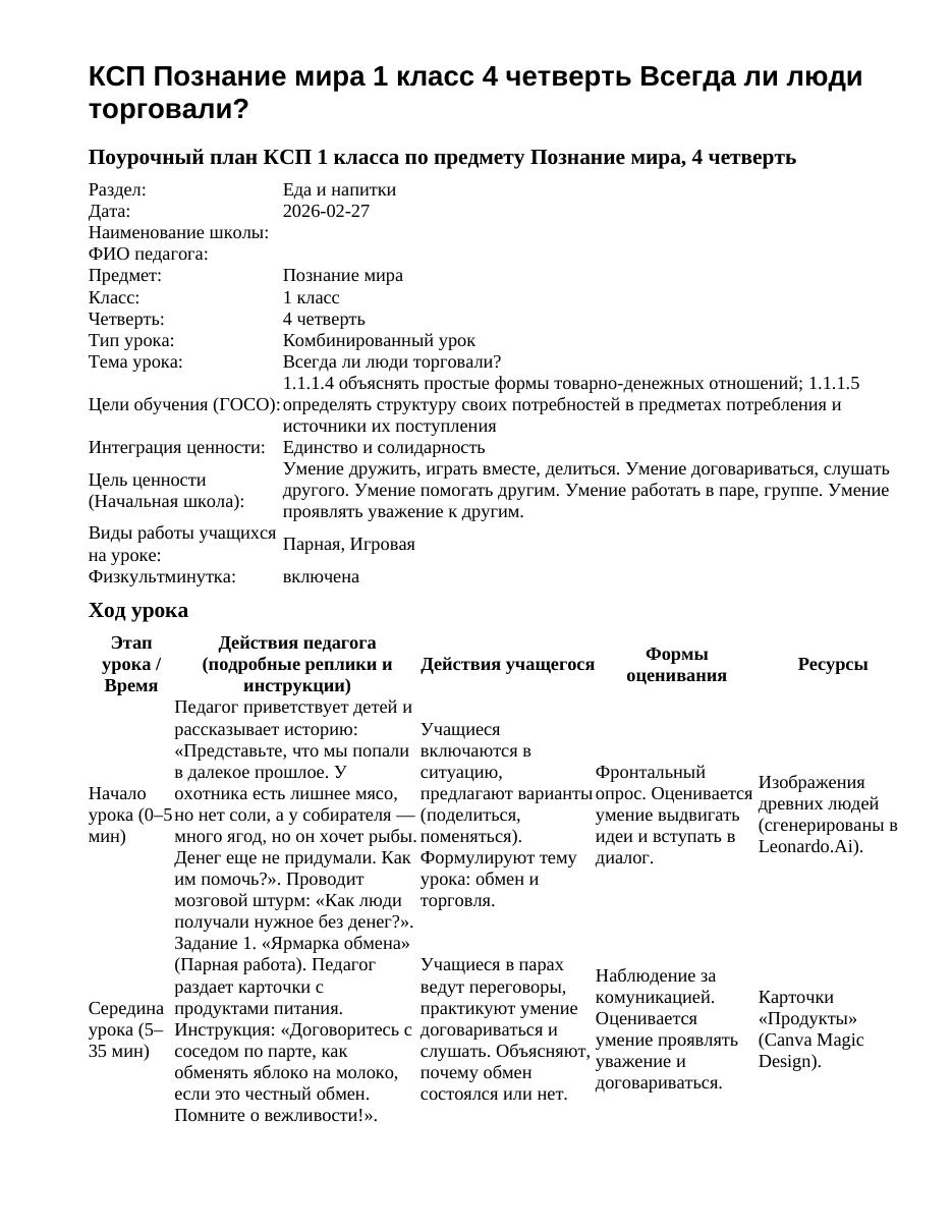 КСП Познание мира 1 класс 4 четверть Всегда ли люди торговали?