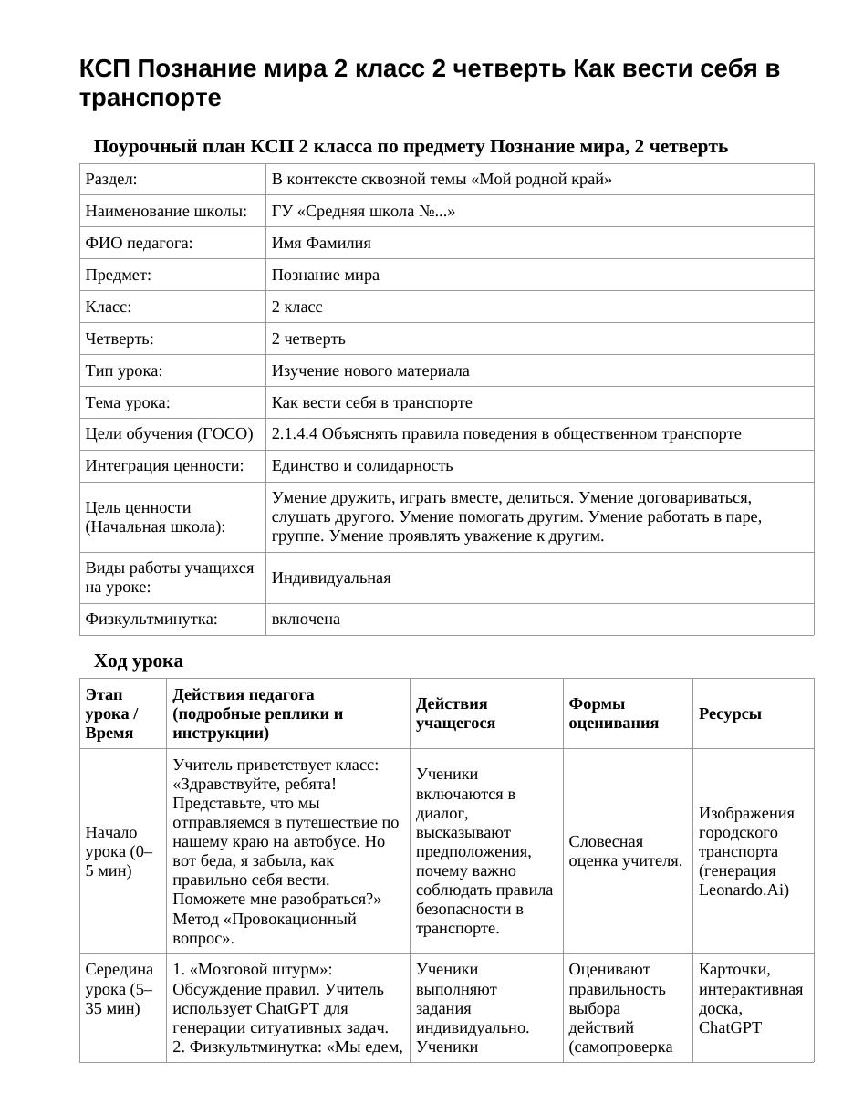 КСП Познание мира 2 класс 2 четверть Как вести себя в транспорте