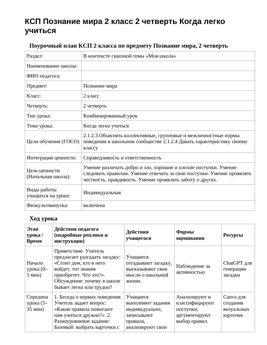 КСП Познание мира 2 класс 2 четверть Когда легко учиться