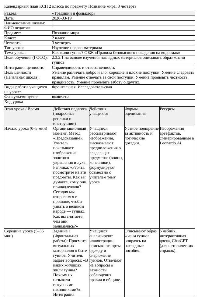 КСП Познание мира 2класс 3 четверть Как жили гунны ОБЖ Правила безопасного