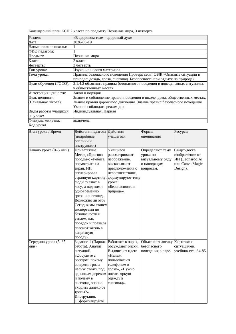 КСП Познание мира 2класс 3 четверть Правила безопасного поведения