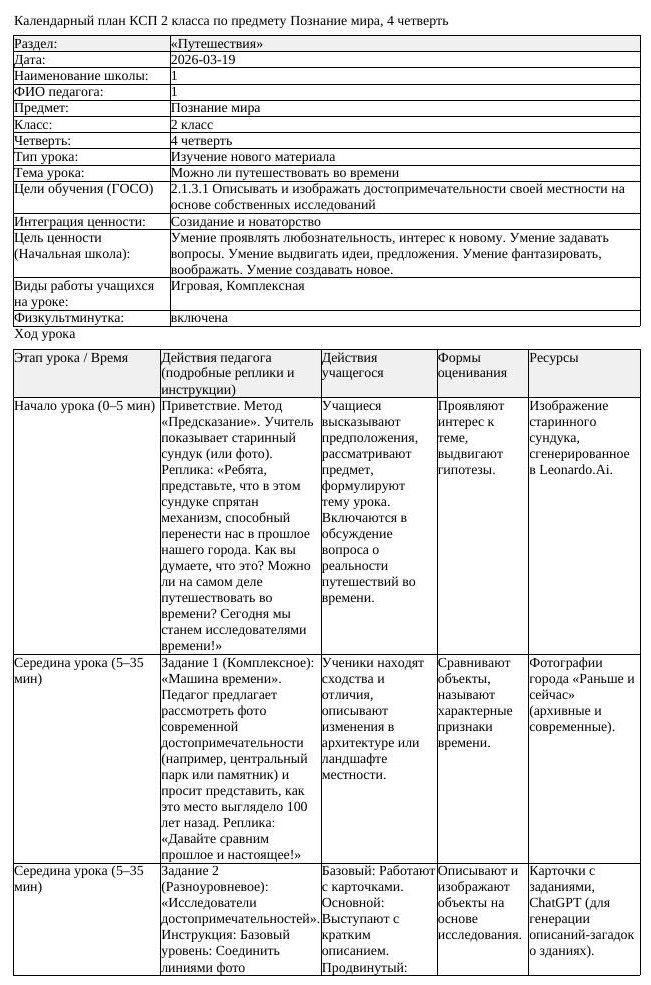 КСП Познание мира 2класс 4 четверть Можно ли путешествовать во времени