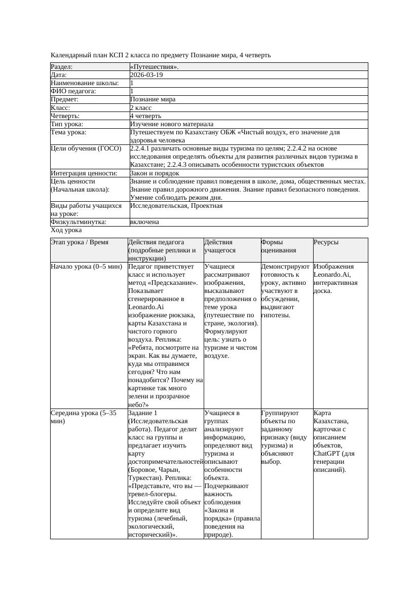 КСП Познание мира 2класс 4 четверть Путешествуем по Казахстану ОБЖ