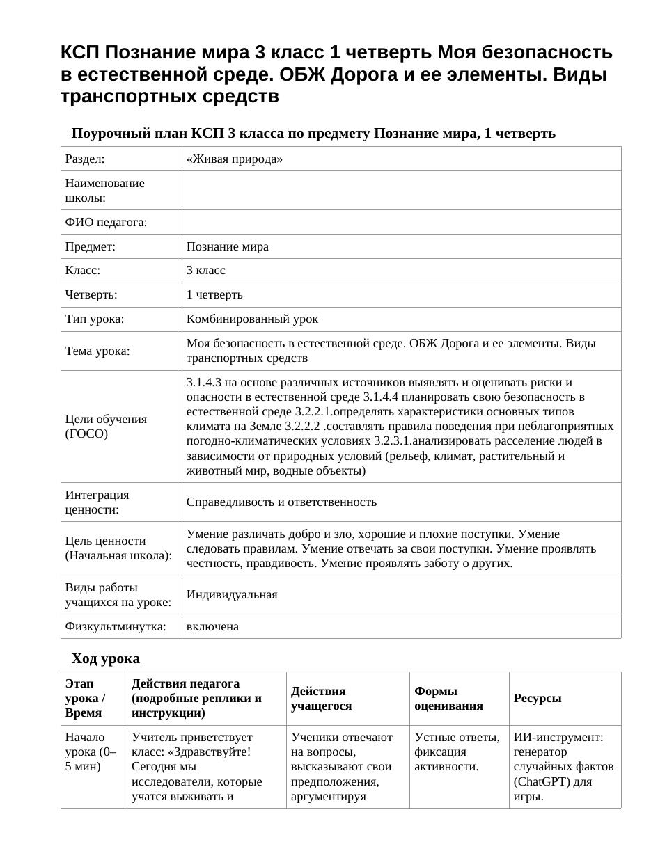 КСП Познание мира 3 класс 1 четверть Моя безопасность в естественной среде. ОБЖ Дорога и ее элементы. Виды транспортных средств