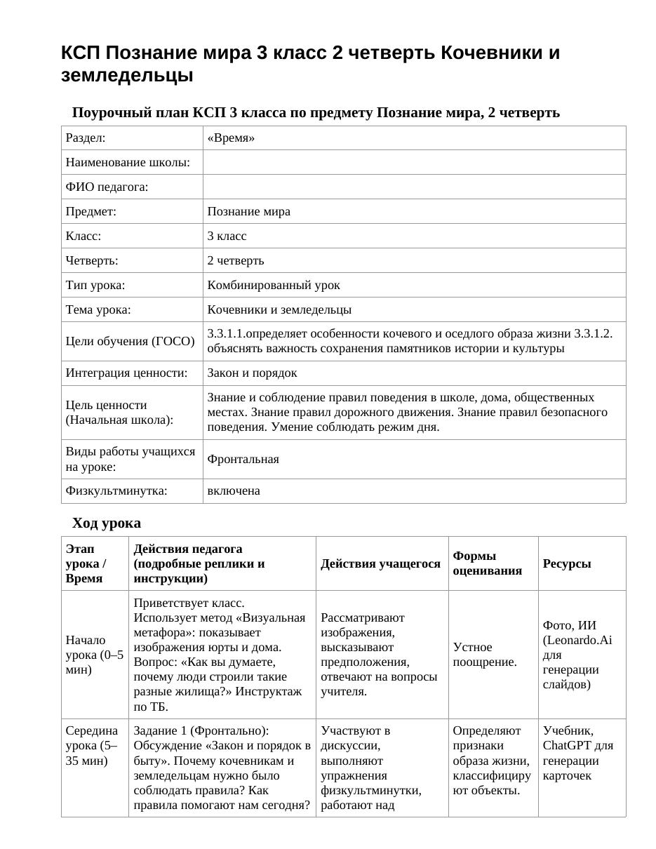 КСП Познание мира 3 класс 2 четверть Кочевники и земледельцы