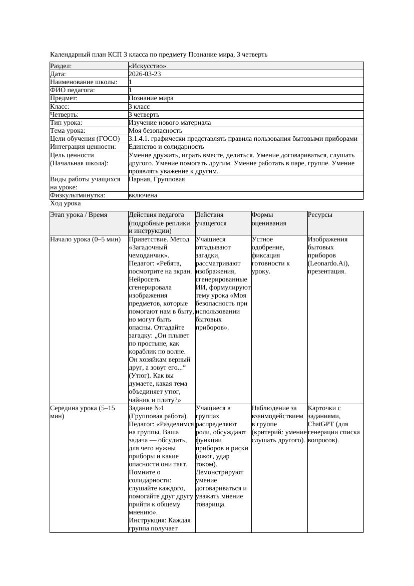 КСП Познание мира 3класс 3 четверть Моя безопасность 20260323 docx