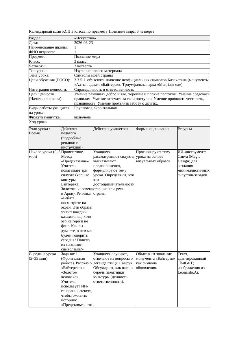 КСП Познание мира 3класс 3 четверть Символы моей страны 20260323