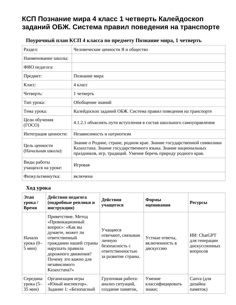 КСП Познание мира 4 класс 1 четверть Калейдоскоп заданий ОБЖ. Система правил поведения на транспорте