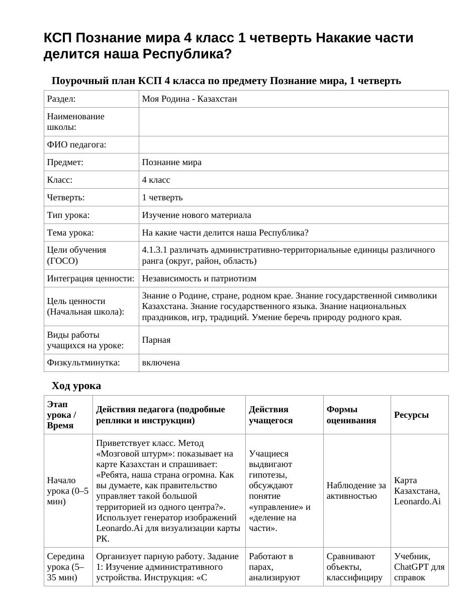 КСП Познание мира 4 класс 1 четверть Накакие части делится наша Республика?