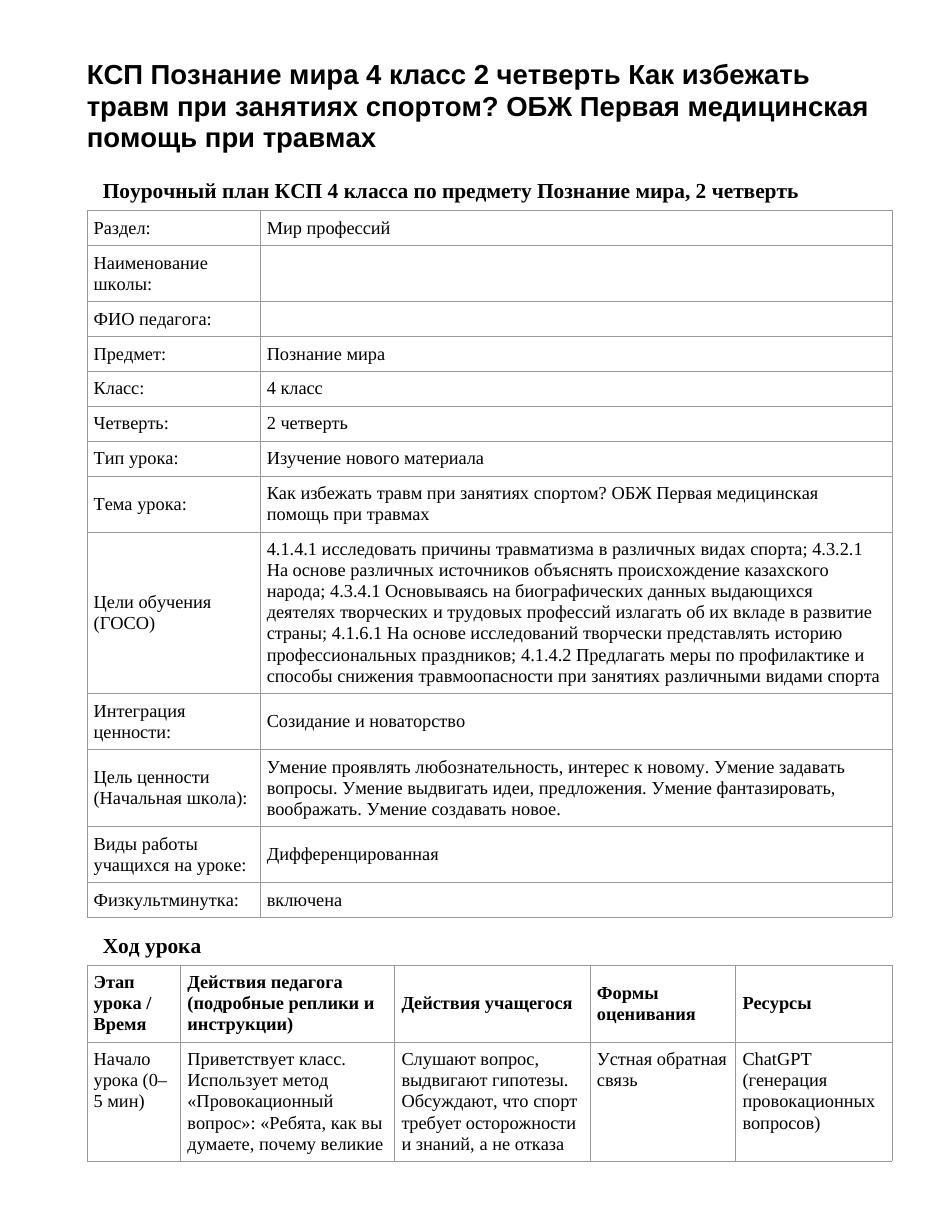 КСП Познание мира 4 класс 2 четверть Как избежать травм при занятиях спортом? ОБЖ Первая медицинская помощь при травмах