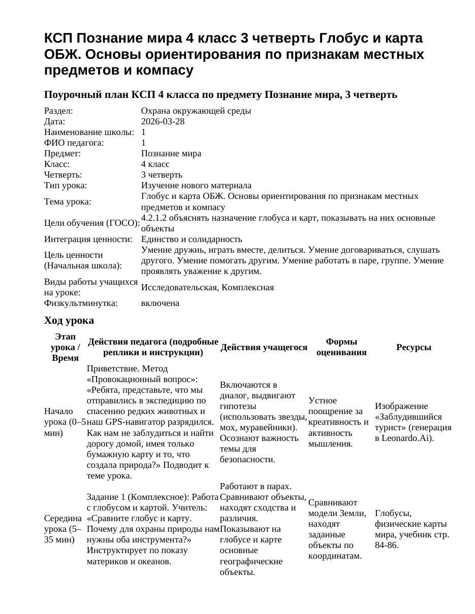 КСП Познание мира 4 класс 3 четверть Глобус и карта ОБЖ. Основы ориентирования по признакам местных предметов и компасу