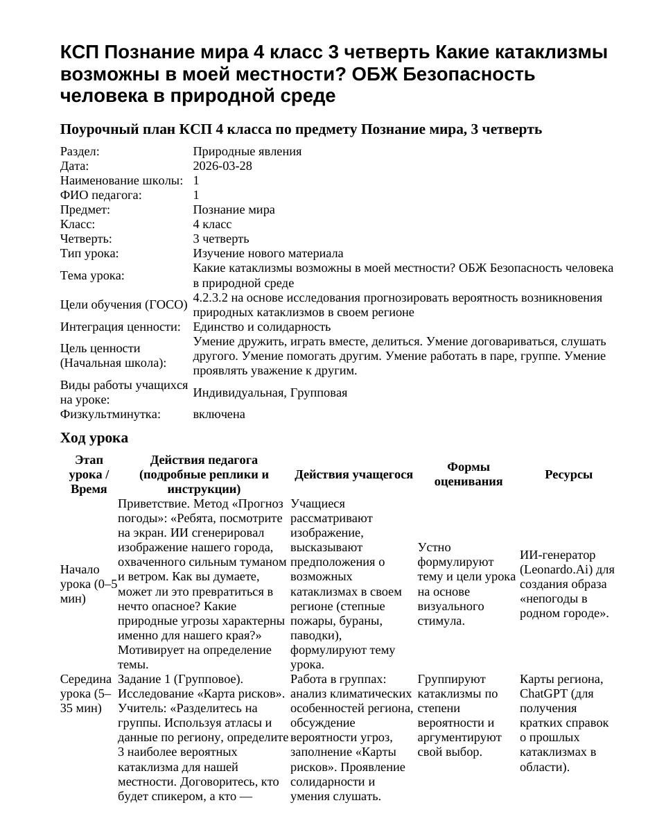 КСП Познание мира 4 класс 3 четверть Какие катаклизмы возможны в моей местности? ОБЖ Безопасность человека в природной среде