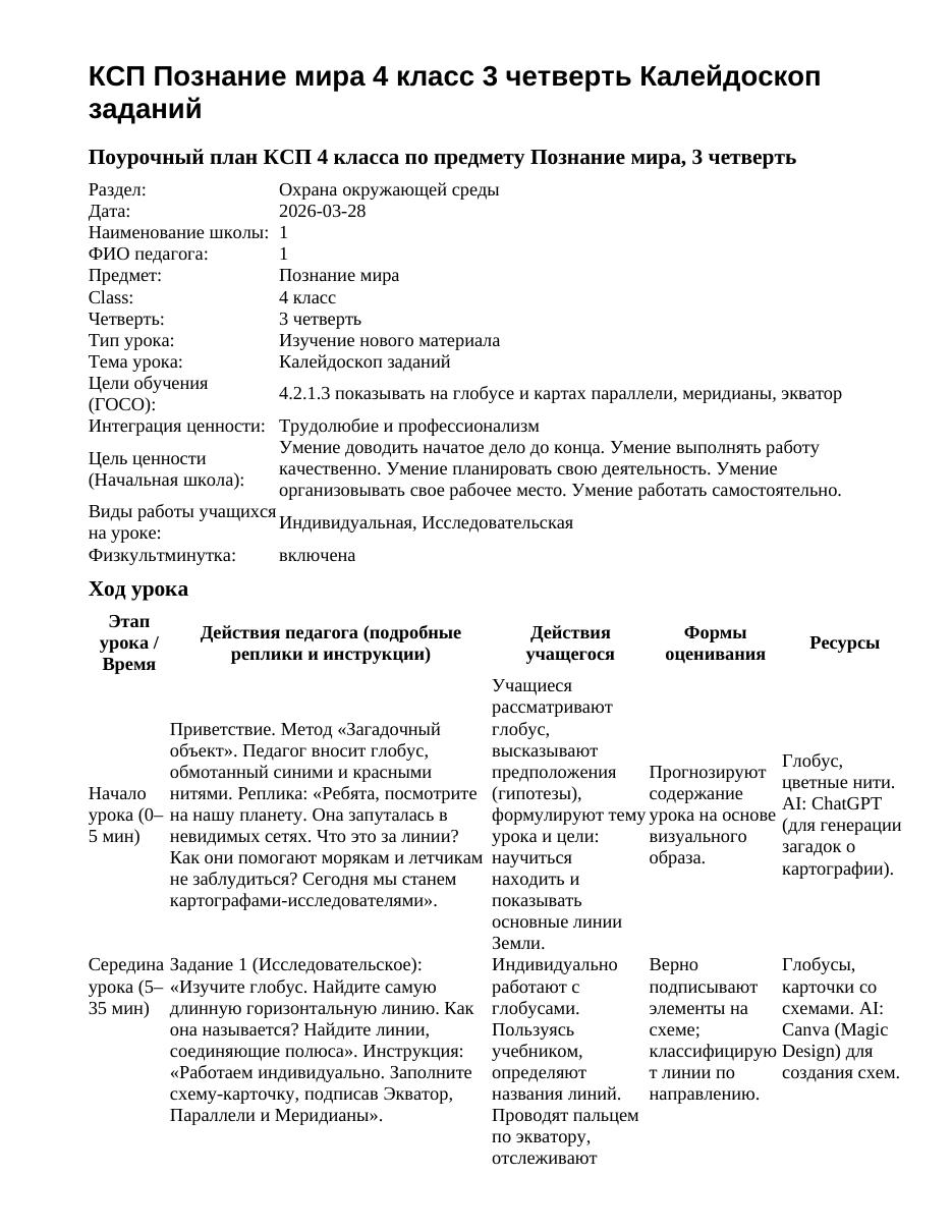 КСП Познание мира 4 класс 3 четверть Калейдоскоп заданий