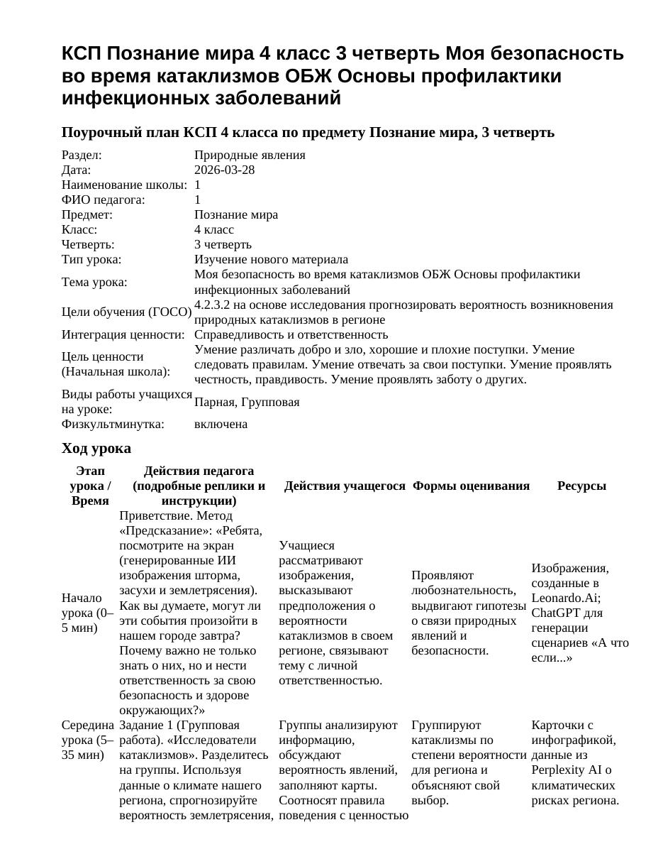 КСП Познание мира 4 класс 3 четверть Моя безопасность во время катаклизмов ОБЖ Основы профилактики инфекционных заболеваний