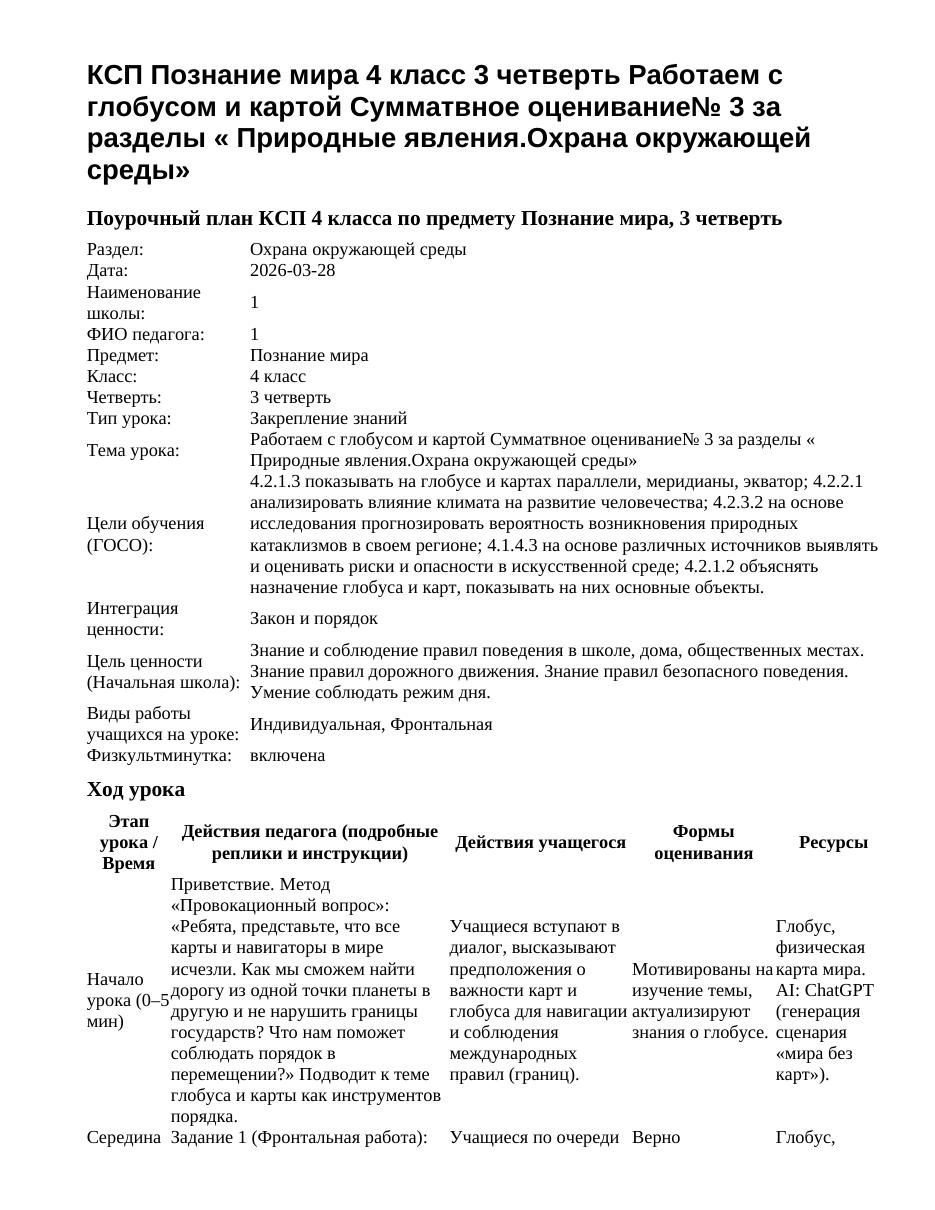 КСП Познание мира 4 класс 3 четверть Работаем с глобусом и картой Сумматвное оценивание№ 3 за разделы « Природные явления.Охрана окружающей среды»