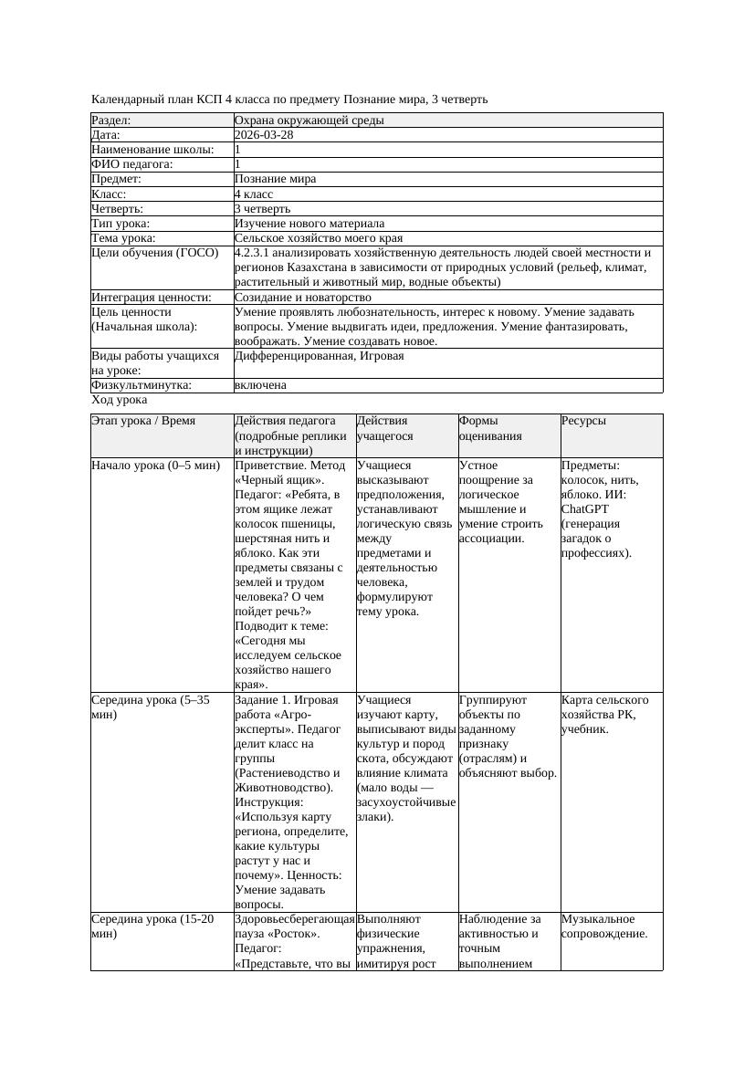 КСП Познание мира 4класс 3 четверть Сельское хозяйство моего края