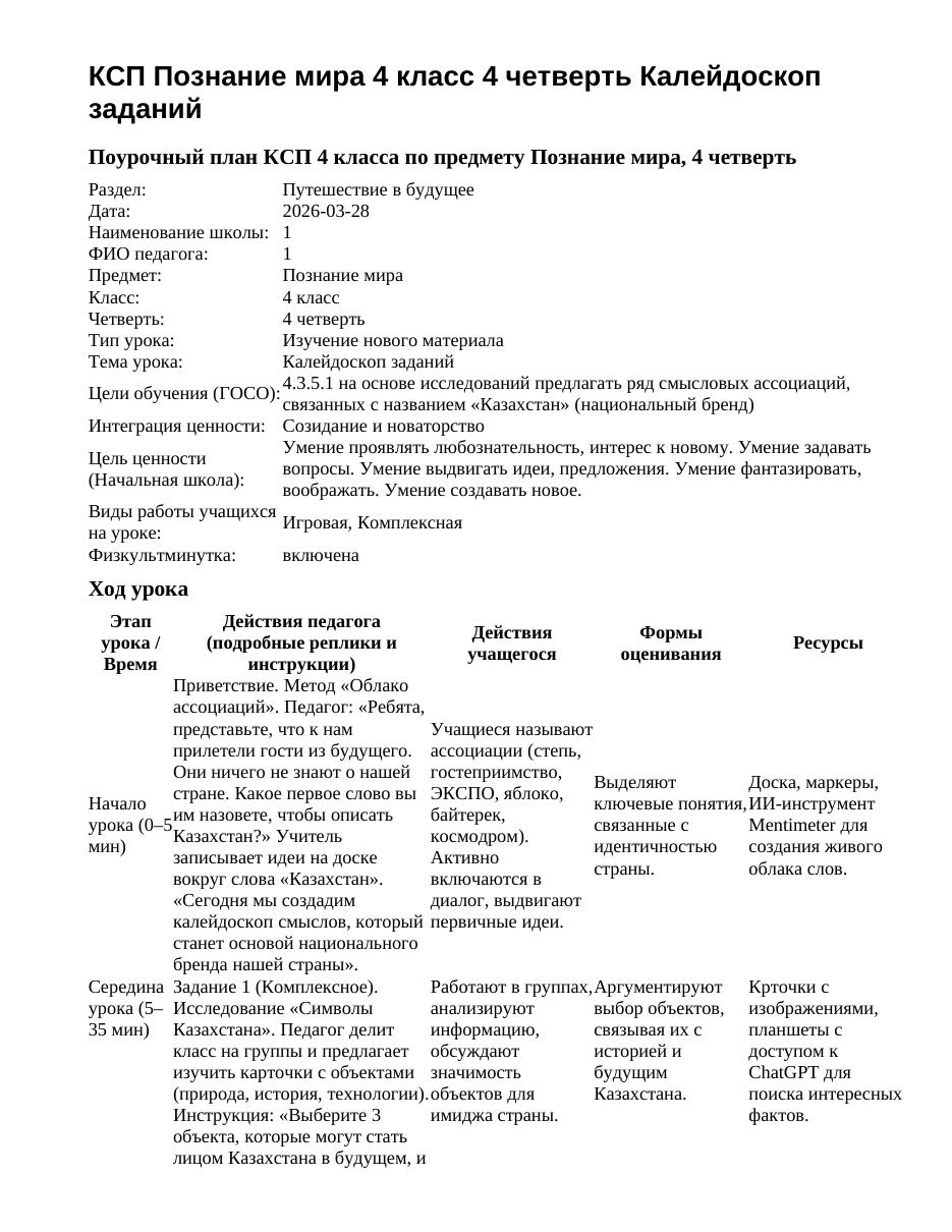 КСП Познание мира 4 класс 4 четверть Калейдоскоп заданий