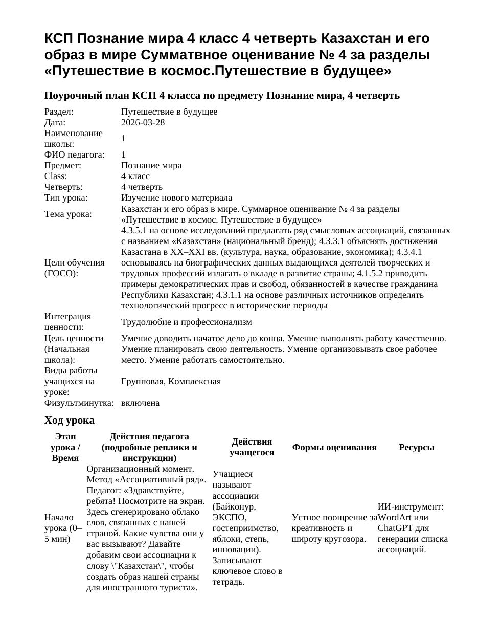 КСП Познание мира 4 класс 4 четверть Казахстан и его образ в мире Сумматвное оценивание № 4 за разделы «Путешествие в космос.Путешествие в будущее»