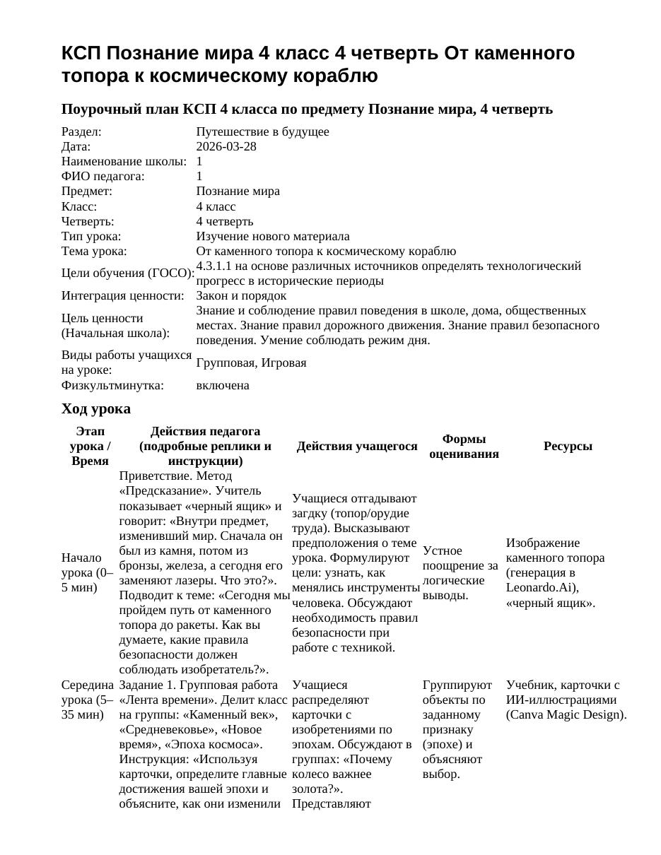 КСП Познание мира 4 класс 4 четверть От каменного топора к космическому кораблю