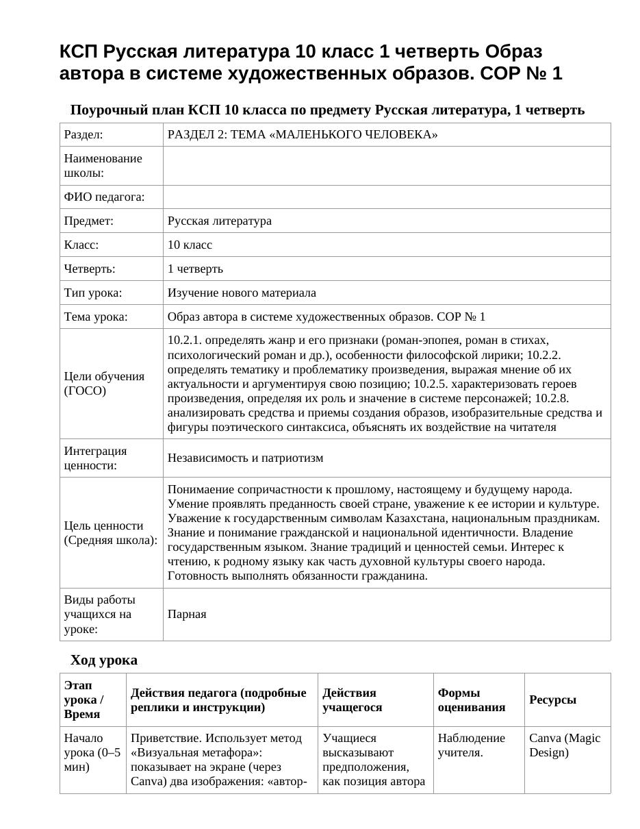 КСП Русская литература 10 класс 1 четверть Образ автора в системе художественных образов. СОР № 1